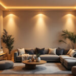 A photograph of a beautifully designed living space featuring recessed pot lights