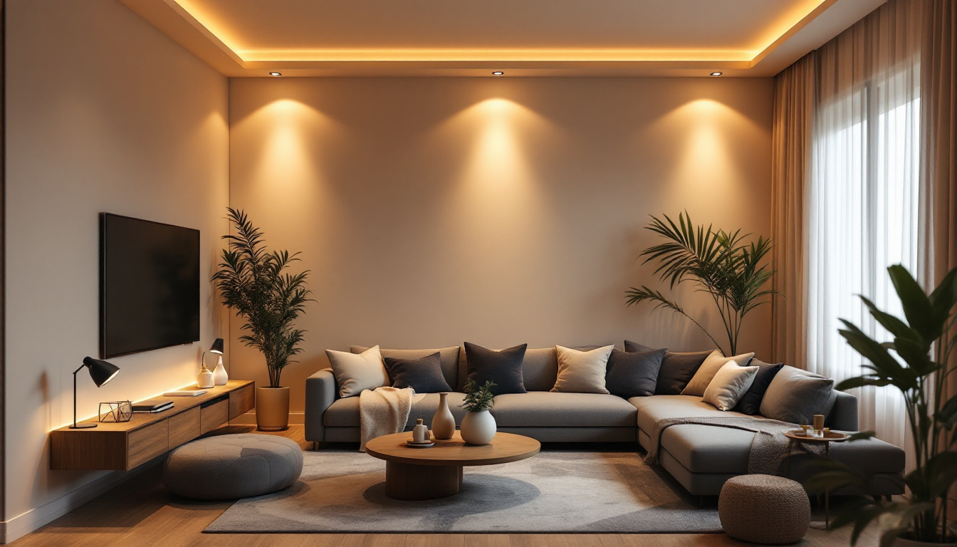 A photograph of a beautifully designed living space featuring recessed pot lights