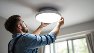 A photograph of a skilled lighting contractor expertly installing a modern recessed light fixture in a stylish home interior