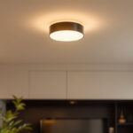 A photograph of a beautifully designed flush mount light fixture installed in a stylish interior space
