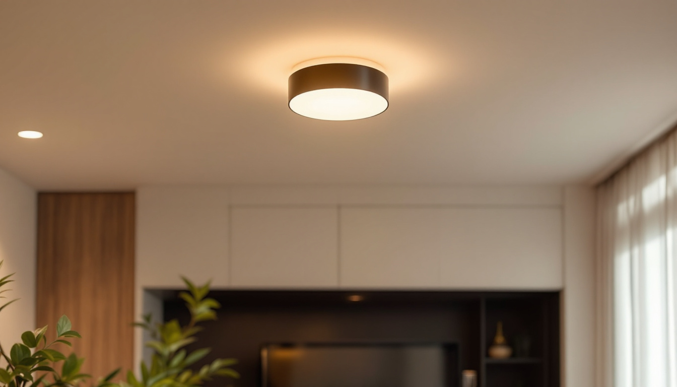 A photograph of a beautifully designed flush mount light fixture installed in a stylish interior space