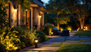 A photograph of a beautifully illuminated outdoor space at dusk