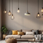 A photograph of a stylish indoor space featuring a variety of modern pendant lights in different styles and settings