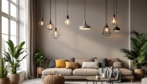 A photograph of a stylish indoor space featuring a variety of modern pendant lights in different styles and settings