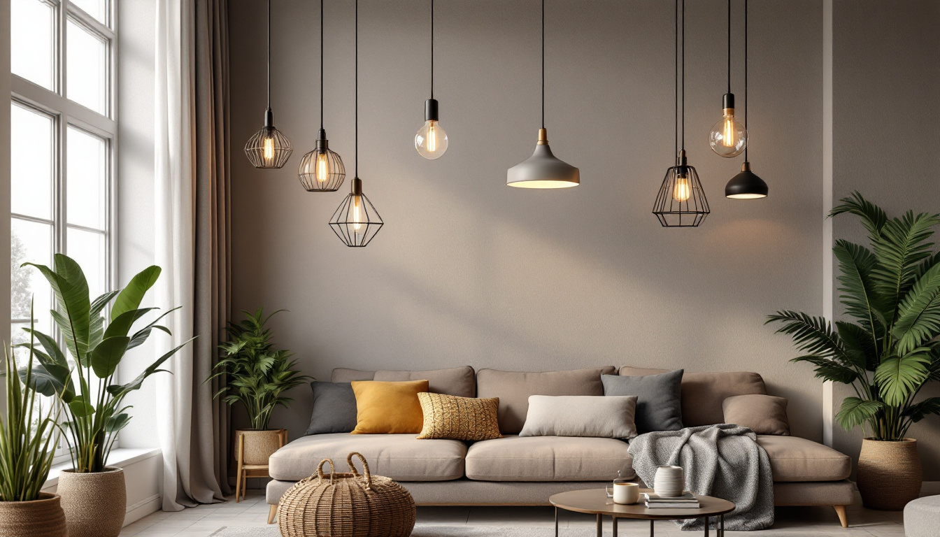 A photograph of a stylish indoor space featuring a variety of modern pendant lights in different styles and settings