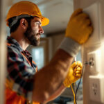 A photograph of a skilled lighting contractor installing or inspecting electrical outlets in a mobile home
