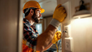 A photograph of a skilled lighting contractor installing or inspecting electrical outlets in a mobile home