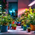 A photograph of a vibrant indoor garden illuminated by led grow lights