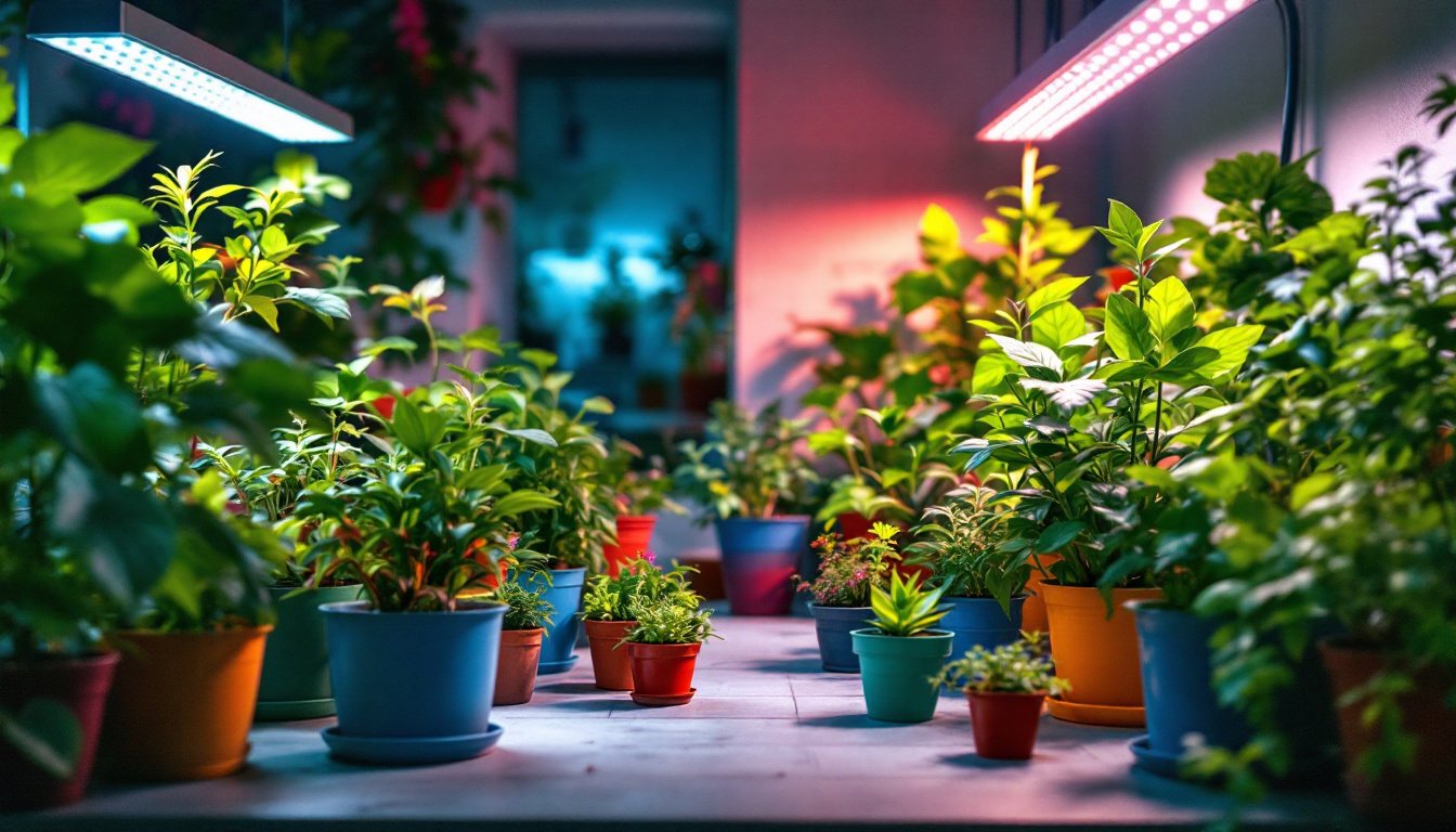 A photograph of a vibrant indoor garden illuminated by led grow lights