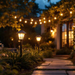 A photograph of capture a photograph of a beautifully illuminated outdoor space featuring solar exterior lamps in various settings
