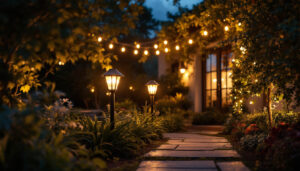 A photograph of capture a photograph of a beautifully illuminated outdoor space featuring solar exterior lamps in various settings