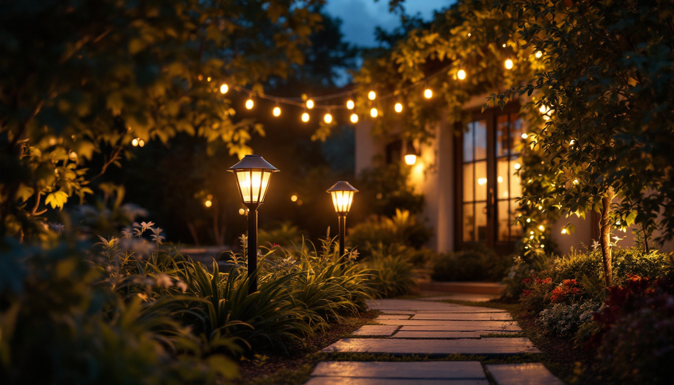 A photograph of capture a photograph of a beautifully illuminated outdoor space featuring solar exterior lamps in various settings