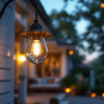 A photograph of a beautifully designed hanging porch light installed in an inviting outdoor setting