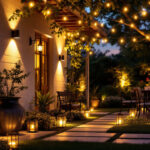 A photograph of a beautifully lit outdoor space showcasing various styles of house outdoor lights
