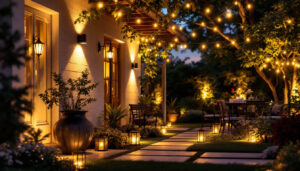 A photograph of a beautifully lit outdoor space showcasing various styles of house outdoor lights