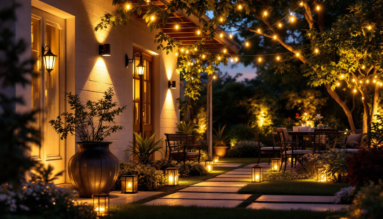 A photograph of a beautifully lit outdoor space showcasing various styles of house outdoor lights