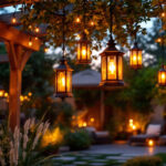 A photograph of a beautifully arranged outdoor space featuring various styles of hanging lanterns