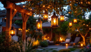 A photograph of a beautifully arranged outdoor space featuring various styles of hanging lanterns