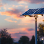 A photograph of a solar energy light pole installed in an urban or suburban setting
