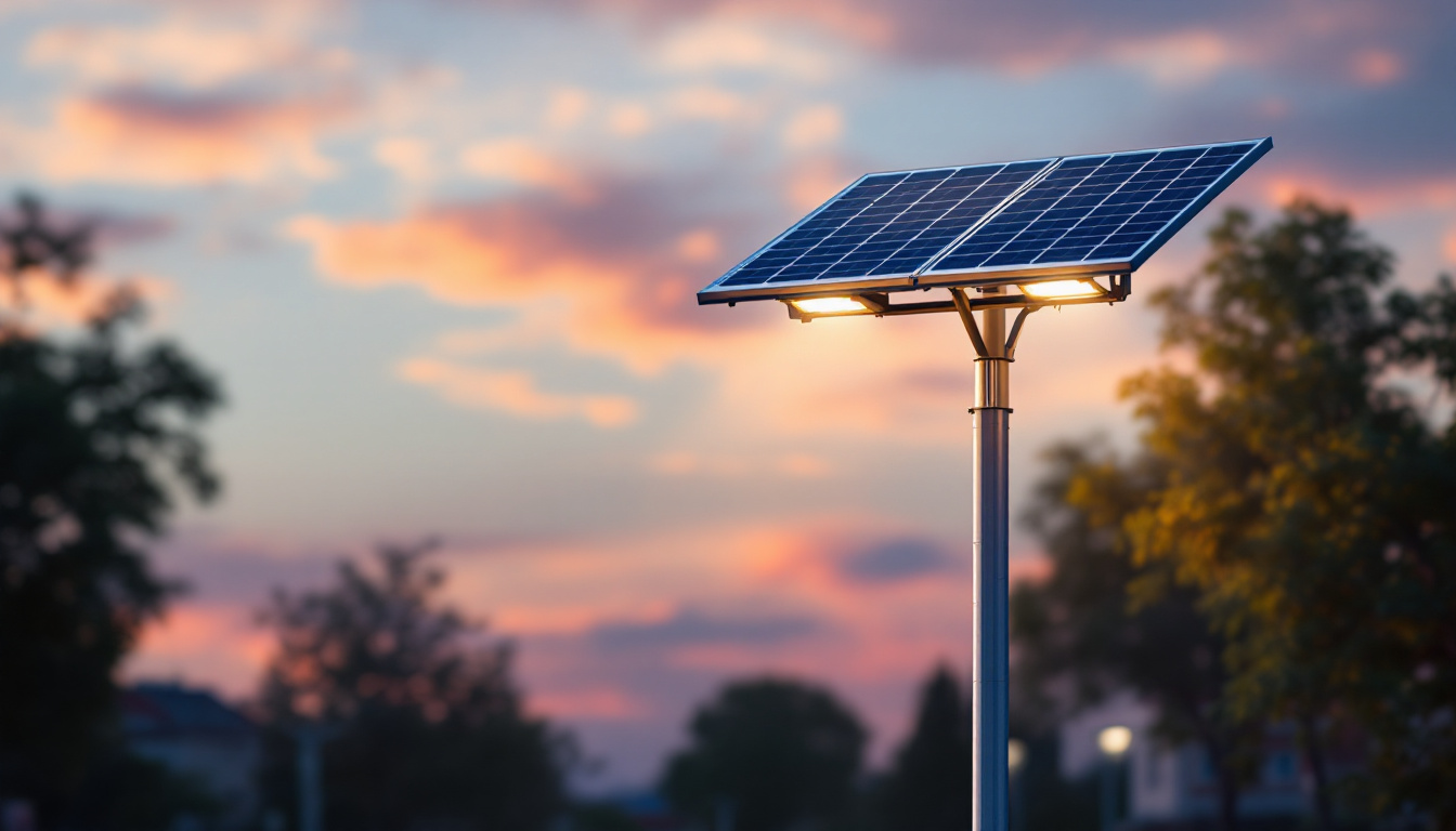 A photograph of a solar energy light pole installed in an urban or suburban setting