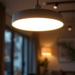 A photograph of a stylish overhead light fixture installed in a modern interior setting