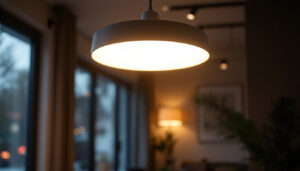 A photograph of a stylish overhead light fixture installed in a modern interior setting