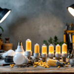 A photograph of a well-lit scene featuring a variety of corn bulbs displayed alongside essential lighting tools and equipment