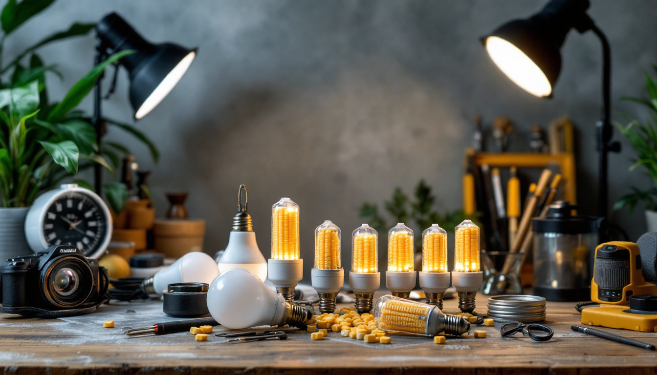 A photograph of a well-lit scene featuring a variety of corn bulbs displayed alongside essential lighting tools and equipment