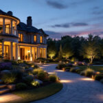 A photograph of a beautifully lit outdoor landscape at dusk