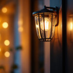 A photograph of a beautifully designed exterior front door light fixture illuminating an inviting entrance