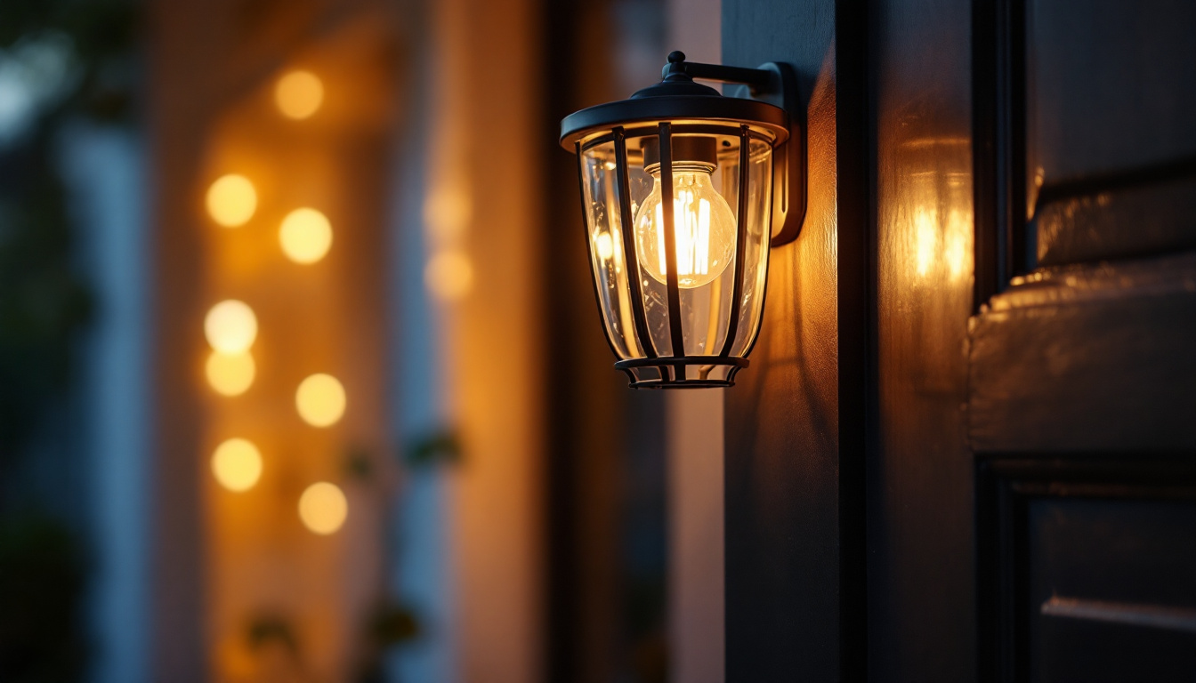 A photograph of a beautifully designed exterior front door light fixture illuminating an inviting entrance