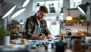 A photograph of a lighting contractor measuring foot-candles in a well-lit workspace