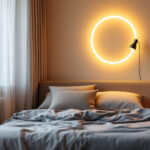 A photograph of a stylish bedroom featuring a wall light led strip lamp in a unique