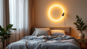 A photograph of a stylish bedroom featuring a wall light led strip lamp in a unique