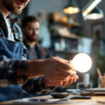 A photograph of a lighting contractor installing or showcasing a t5 bulb in a well-lit workspace