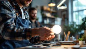 A photograph of a lighting contractor installing or showcasing a t5 bulb in a well-lit workspace