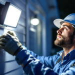A photograph of a lighting contractor installing or adjusting home flood lights in a residential setting