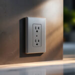 A photograph of a stylish electrical receptacle cover plate installed in a modern lighting setting