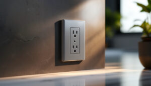 A photograph of a stylish electrical receptacle cover plate installed in a modern lighting setting