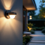 A photograph of a well-lit exterior space featuring a stylish motion sensor light in action