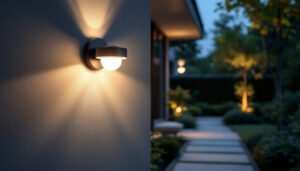 A photograph of a well-lit exterior space featuring a stylish motion sensor light in action