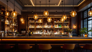 A photograph of a beautifully designed bar area featuring stylish overhead lighting fixtures that highlight the ambiance and aesthetics