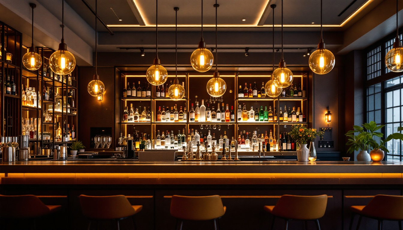 A photograph of a beautifully designed bar area featuring stylish overhead lighting fixtures that highlight the ambiance and aesthetics