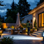 A photograph of a well-lit outdoor area showcasing various high-quality flood lights in action
