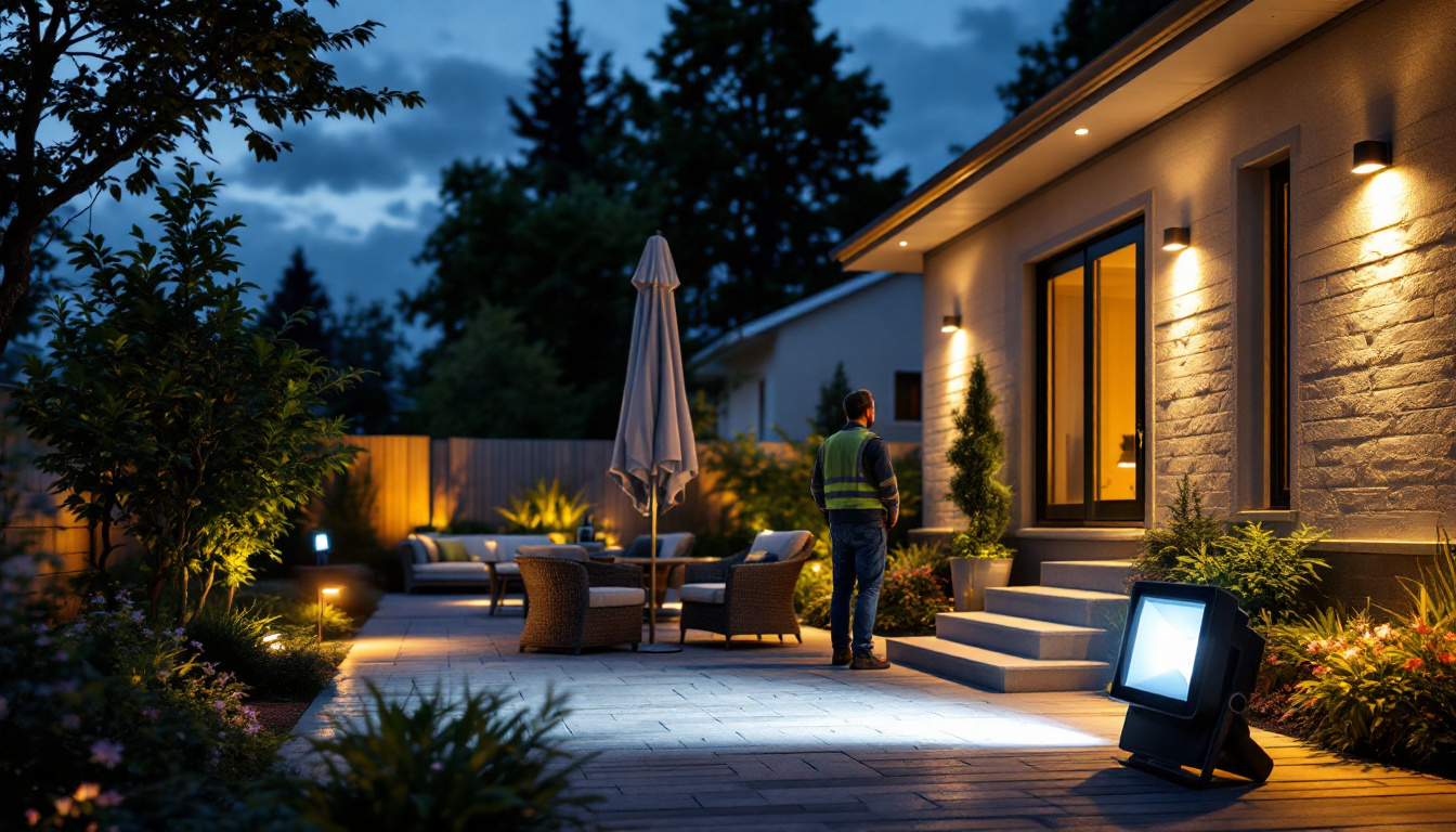 A photograph of a well-lit outdoor area showcasing various high-quality flood lights in action