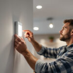 A photograph of a lighting contractor installing a motion sensor switch in a modern residential setting