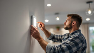 A photograph of a lighting contractor installing a motion sensor switch in a modern residential setting