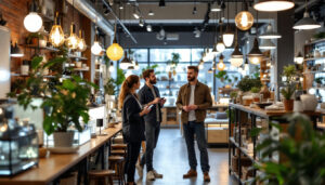 A photograph of a vibrant lighting showroom featuring a variety of energy-efficient lighting options