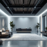 A photograph of a modern interior space showcasing linear recessed lighting