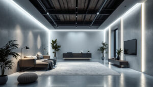 A photograph of a modern interior space showcasing linear recessed lighting
